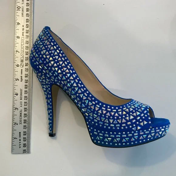 ENZO ANGIOLINI size 8 blue fun embellished platform peep toe heel - Picture 7 of 11